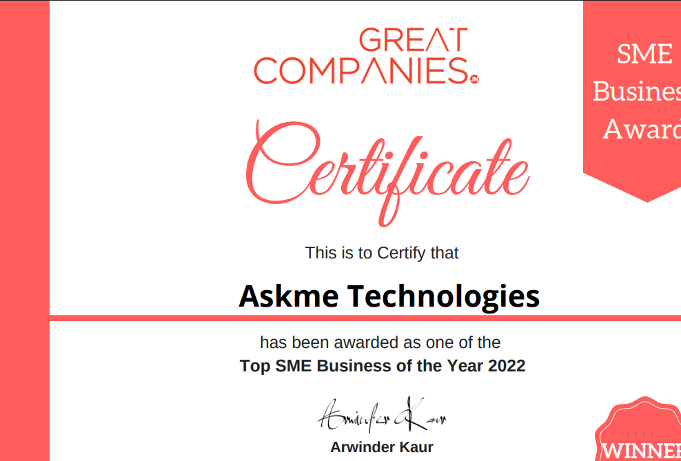 Award Winner Certificate 2022_Askme Technologies